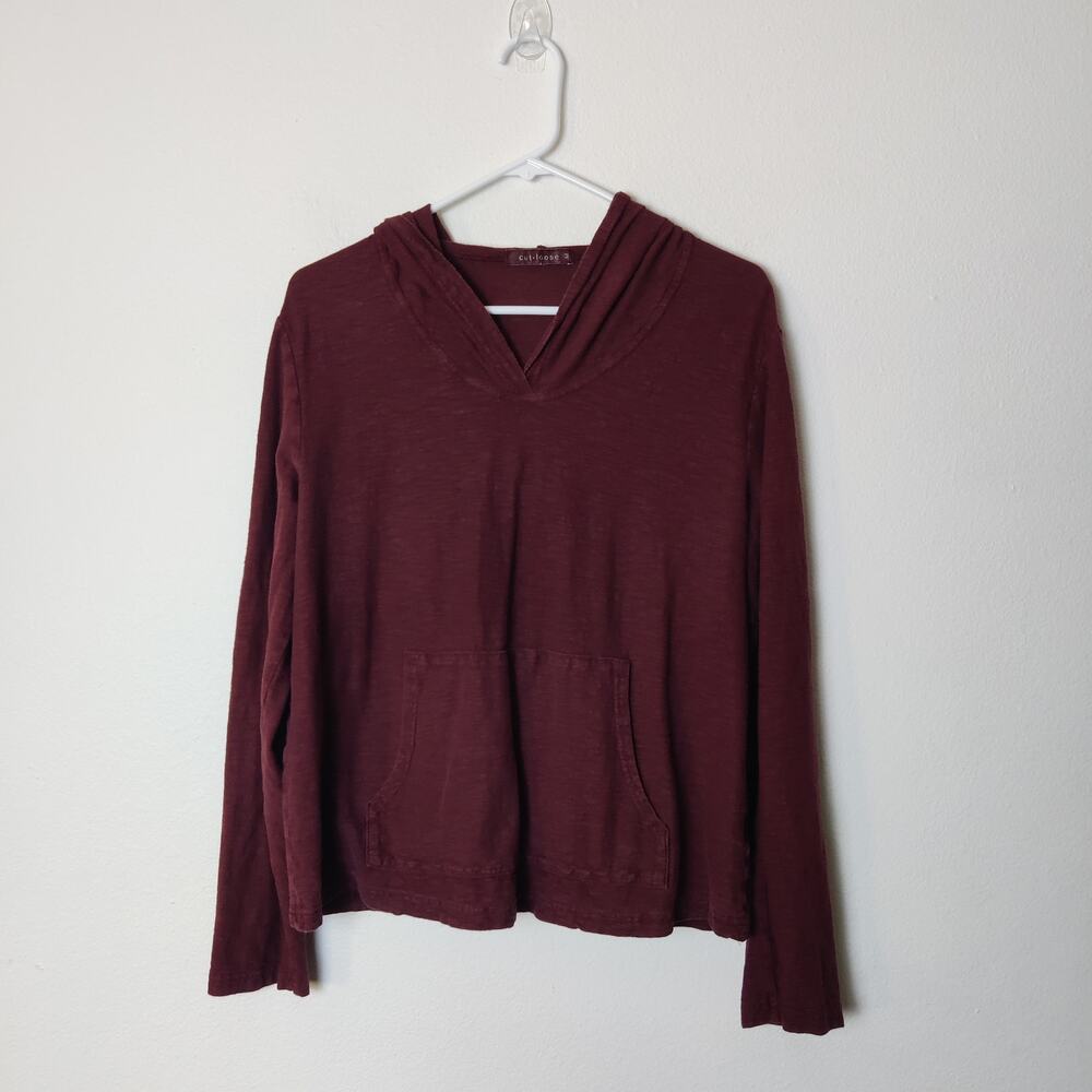 Cut Loose Cotton Linen Slub Knit Hooded Long Sleeve Pullover Burgundy Medium